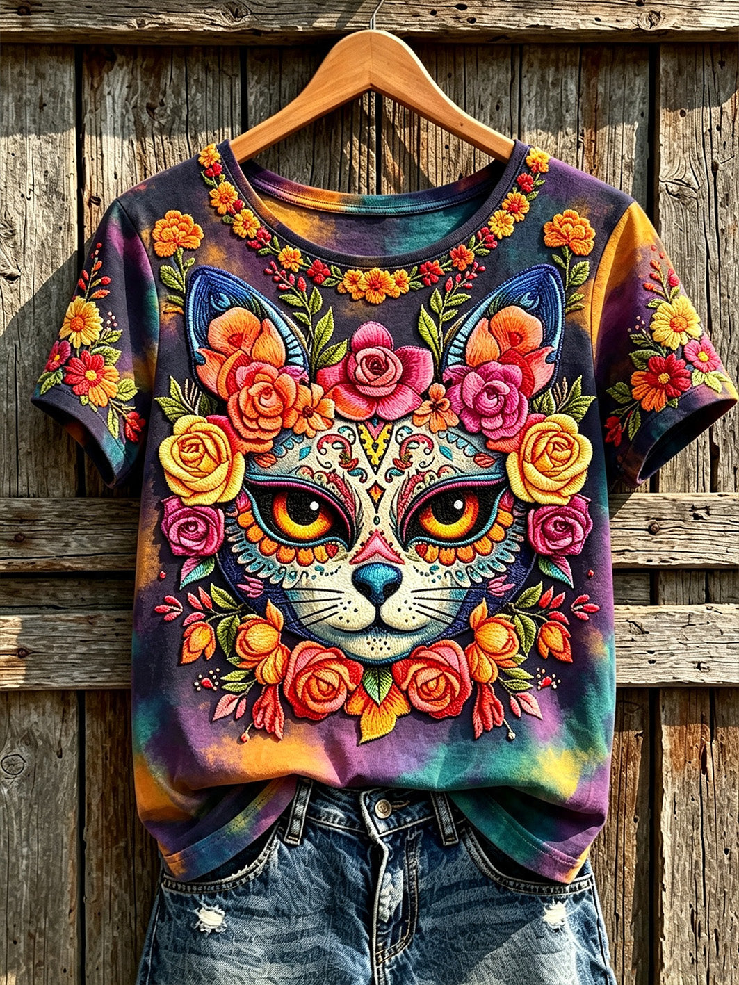Día de la mujer del animal muerto y flores patrón impreso casual camiseta de manga corta