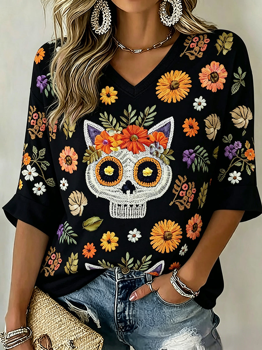 Día de la mujer del gato muerto Sugar Skull Art Print Mid-length mangas V-cuello camiseta