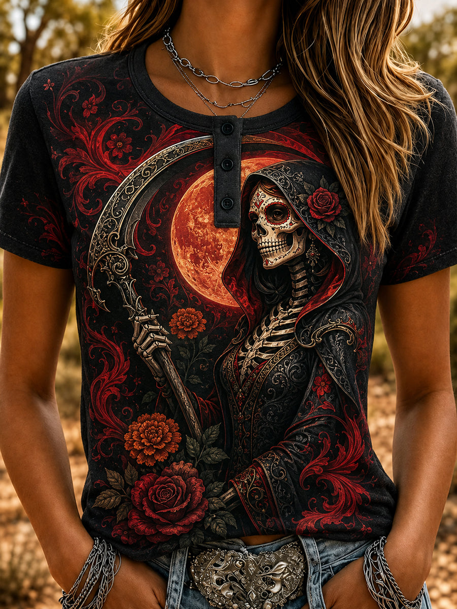 Top con estampado de arte de elementos culturales mexicanos del día de los muertos para mujer