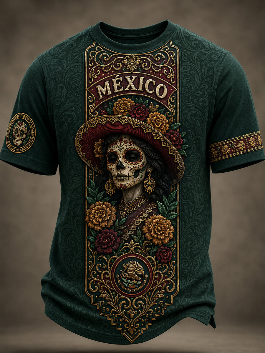 Camiseta con estampado artístico de elementos culturales mexicanos del día de los muertos para hombre