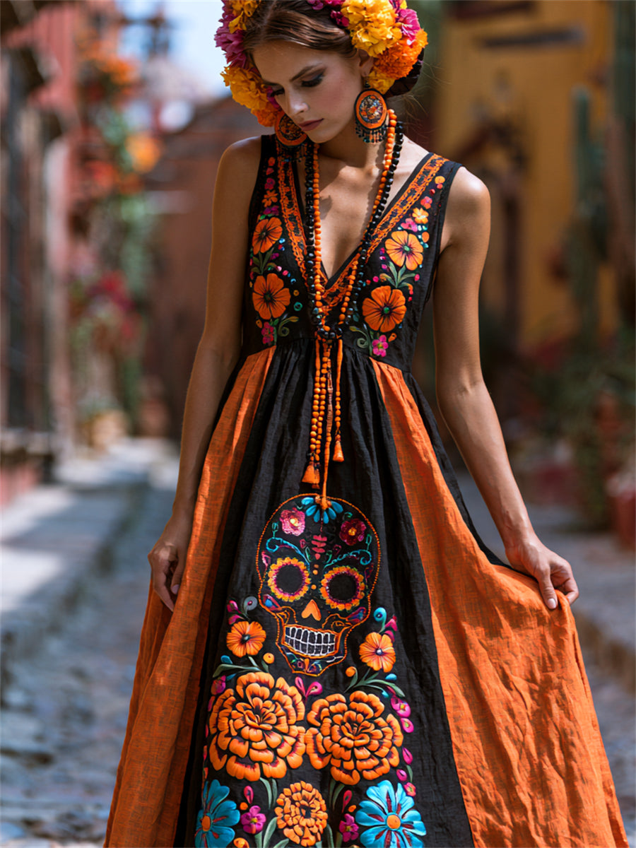 Vestido largo fluido con estampado floral de calaveras de azúcar mexicanas y flor de cempasúchil para el Día de Muertos de la mujer