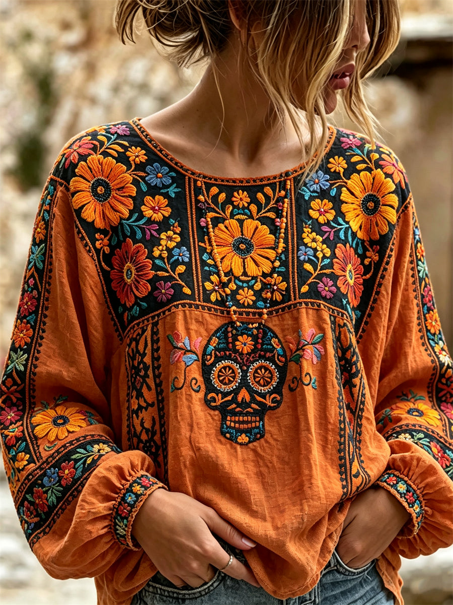 Camisa mexicana de lino de algodón con estampado floral de calavera de azúcar para mujer