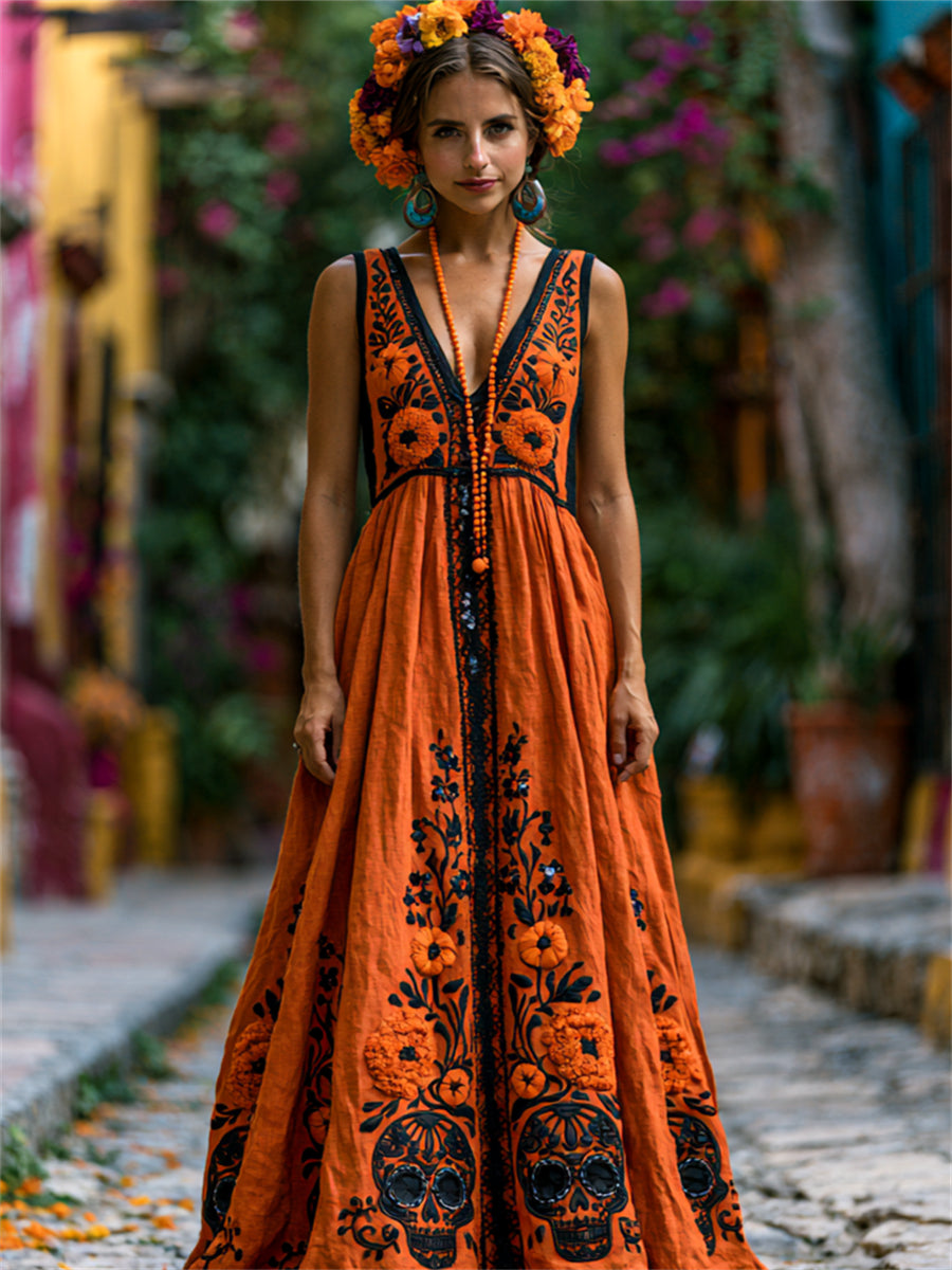 Día de las mujeres de los cráneos muertos de azúcar mexicano caléndulas floral impresión flowy maxi vestido
