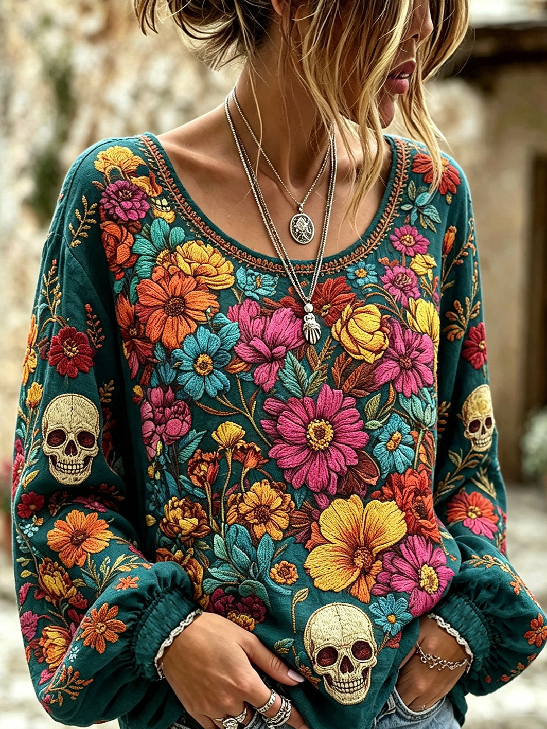 Camisa casual de algodón y lino para mujer, estampada con diseño de calavera y flores vegetales