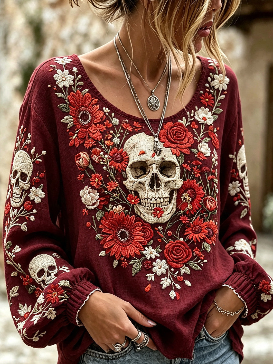 Camisa casual de algodón y lino para mujer, estampada con diseño de calavera y flores vegetales