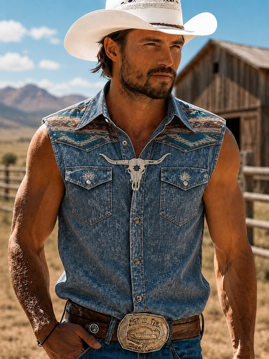 Camisa sin mangas impresa occidental de los hombres