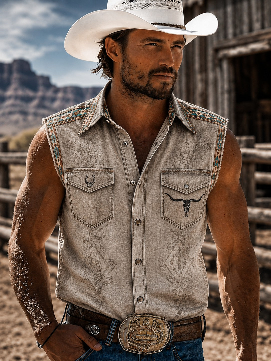 Camisa sin mangas con estampado vaquero para hombre