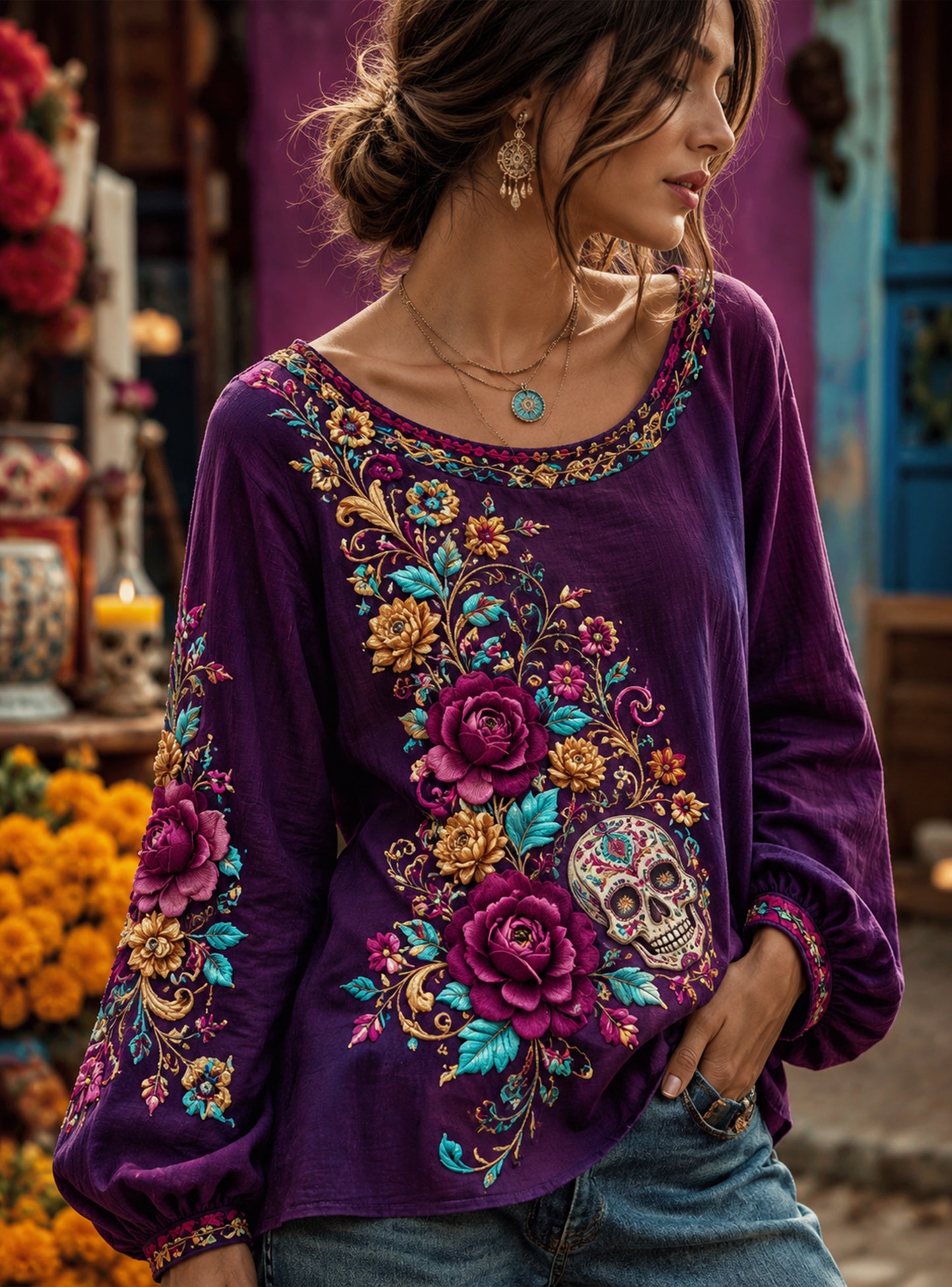 Camiseta con estampado artístico conmemorativo del Día de Muertos mexicano para mujer