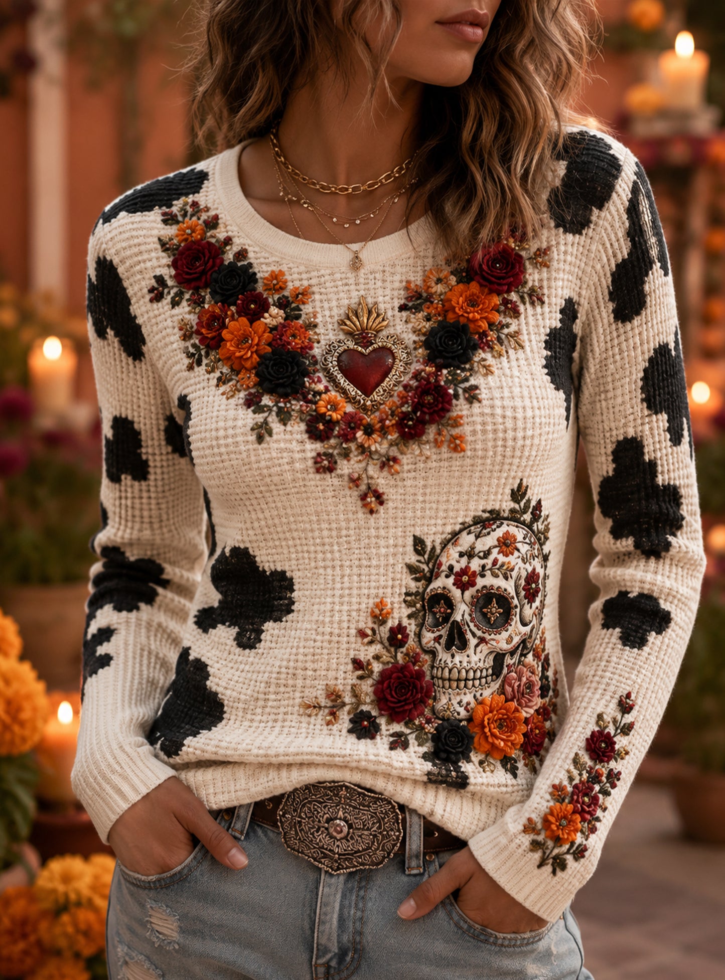Camiseta con estampado artístico conmemorativo del Día de Muertos mexicano para mujer
