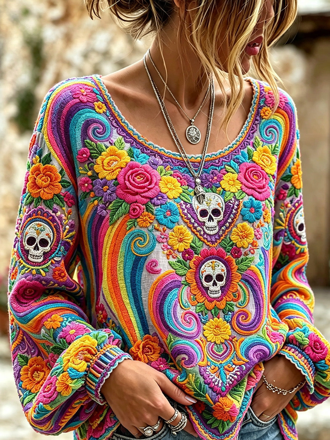 Camisa casual de algodón y lino para mujer, estampada con diseño de calavera y flores vegetales