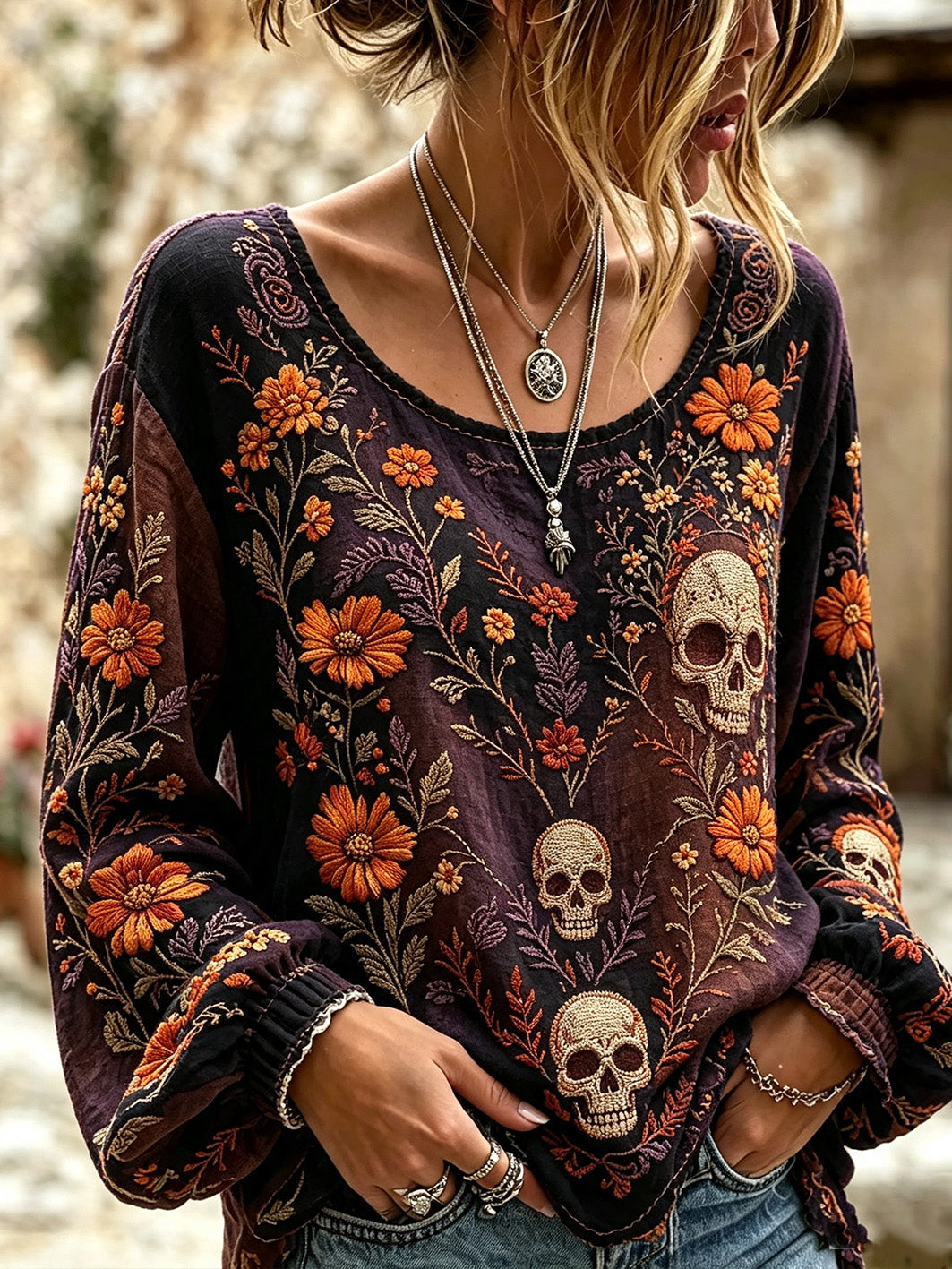 Camisa casual de algodón y lino para mujer, estampada con diseño de calavera y flores vegetales