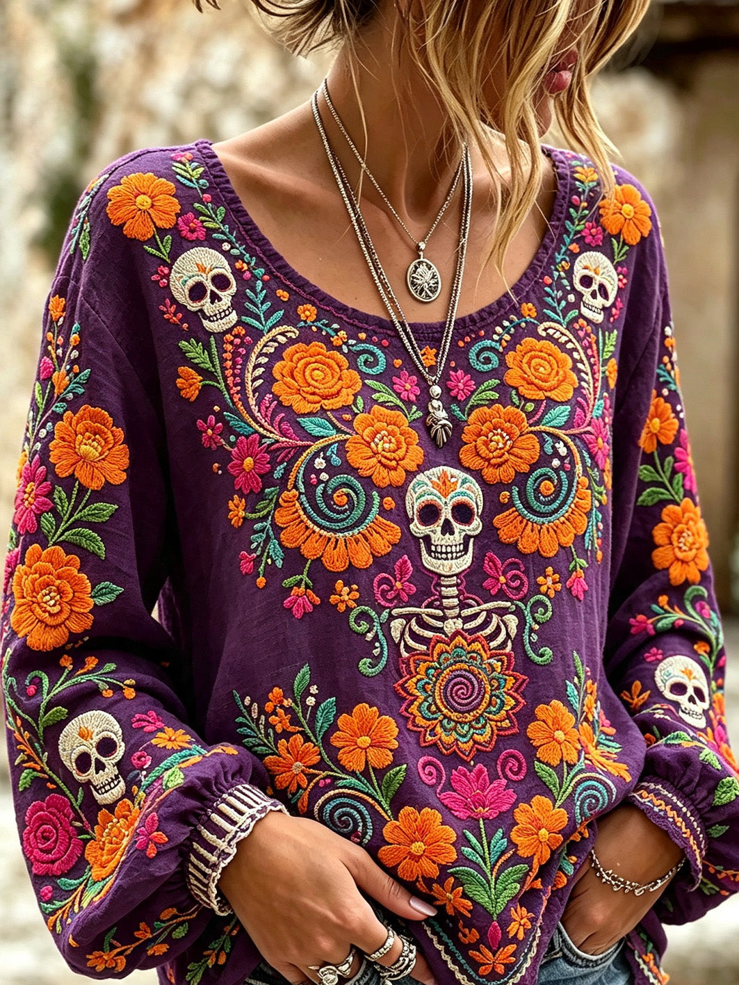 Camisa casual de algodón y lino para mujer, estampada con diseño de calavera y flores vegetales