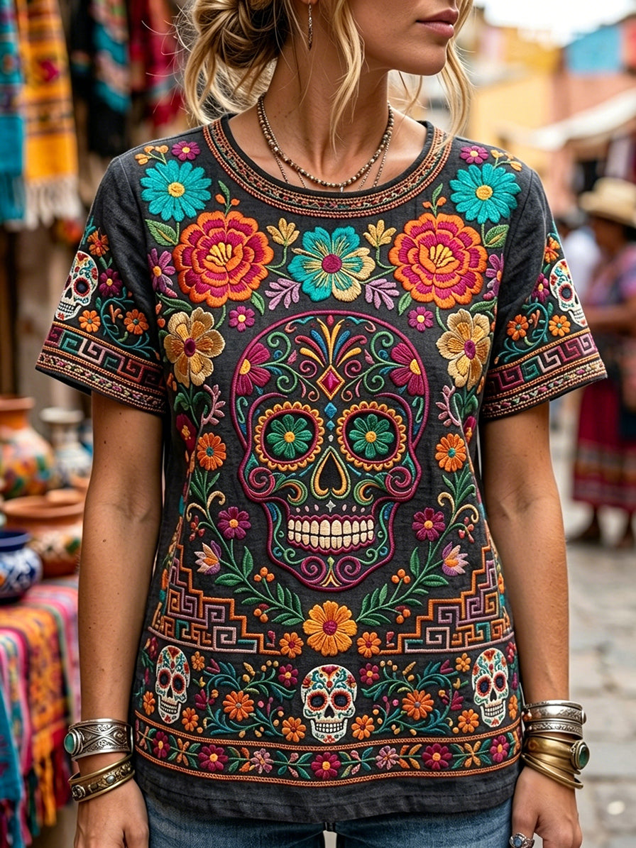 Camiseta de lino de manga corta para mujer con estampado floral mexicano de calavera de azúcar del Día de Muertos