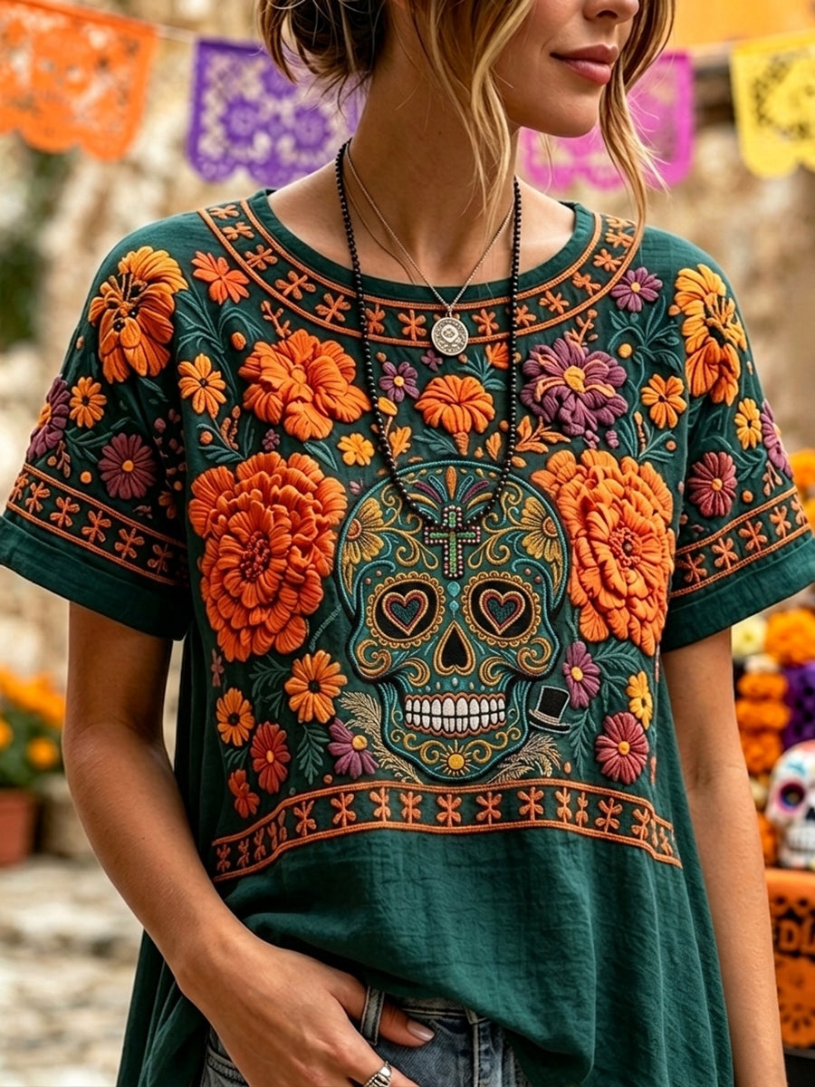 Camiseta de manga corta de lino con estampado floral mexicano Sugar Skull para mujer
