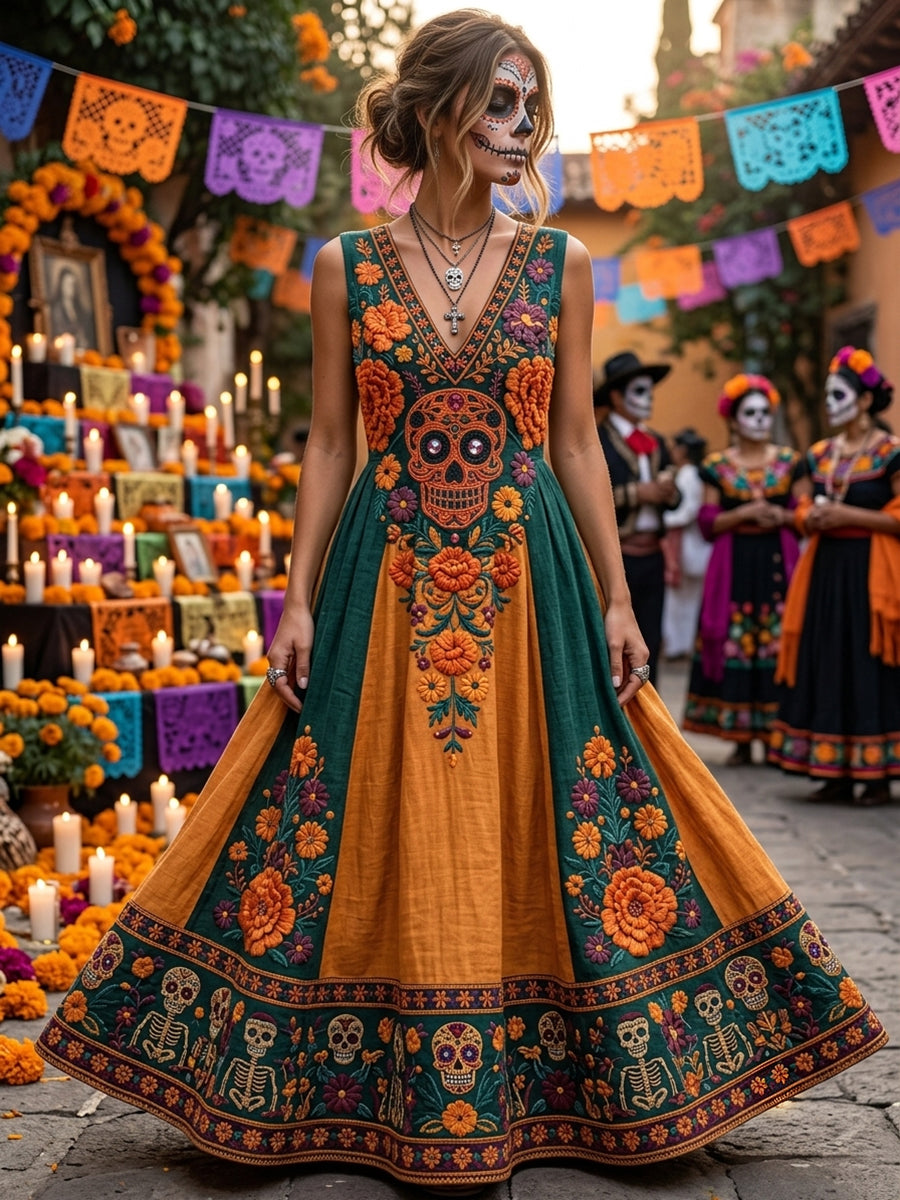 Vestido largo de cuello en V con estampado floral mexicano de calavera de azúcar del Día de Muertos para mujer