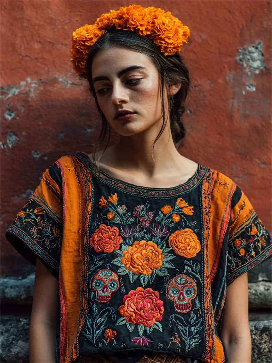Camiseta de manga corta de lino con estampado floral de caléndulas mexicanas del cráneo del azúcar del día de los muertos de la mujer