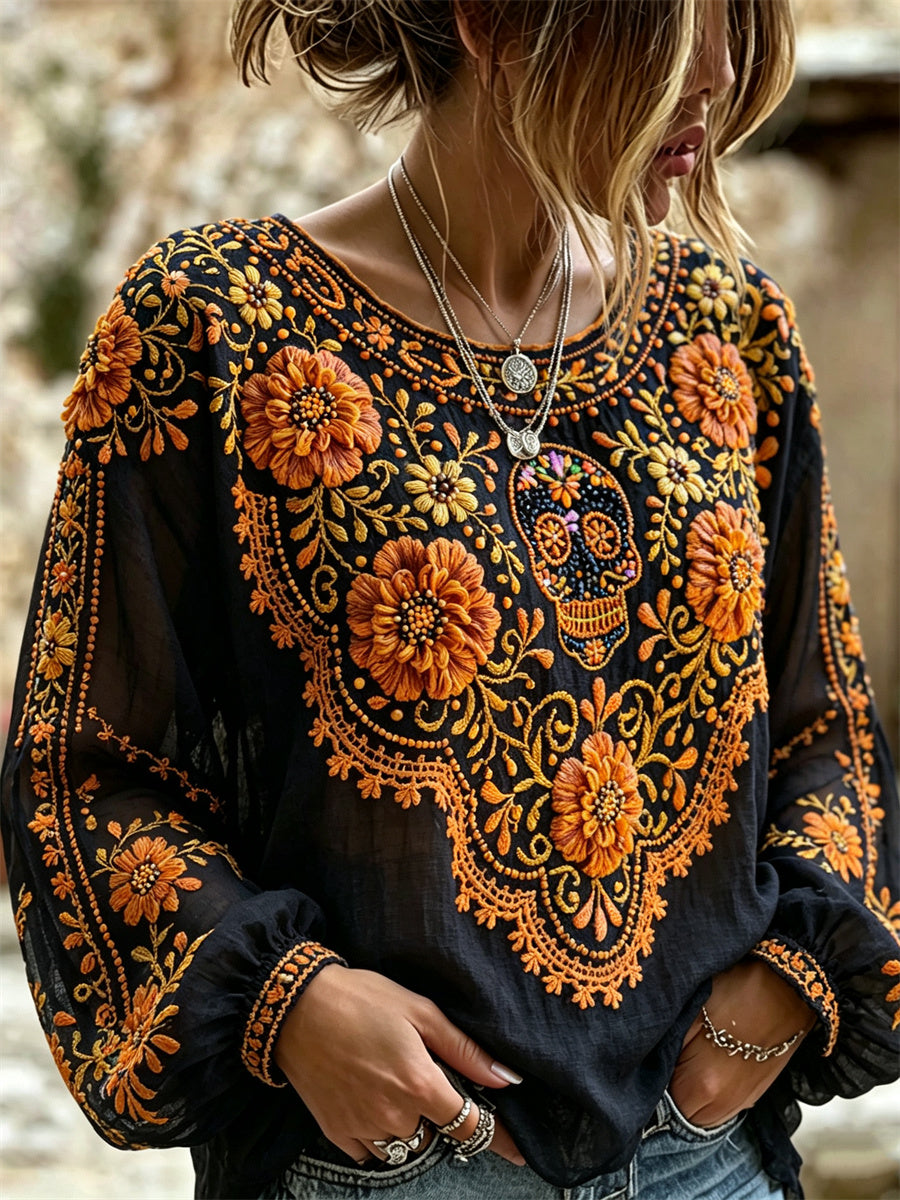 Camisa de algodón-lino con estampado floral de calaveras de azúcar mexicanas y flor de cempasúchil para el Día de Muertos femenino