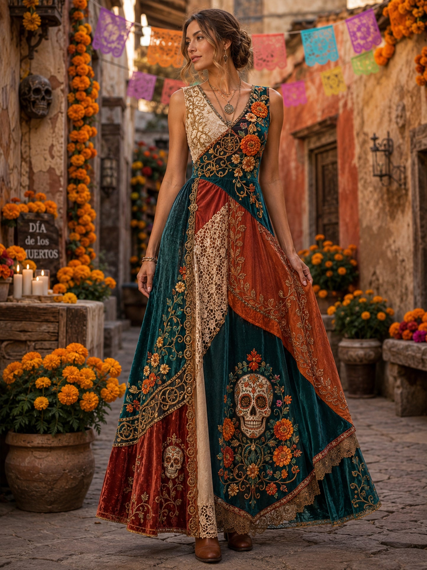 Día mexicano de las mujeres de los elementos culturales muertos vestido de la impresión del arte