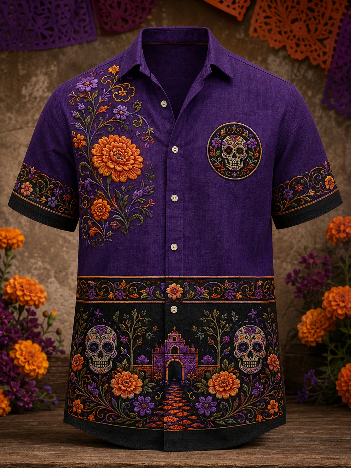 Camiseta de manga corta con estampado artístico de elementos culturales mexicanos del Día de los Muertos para hombre