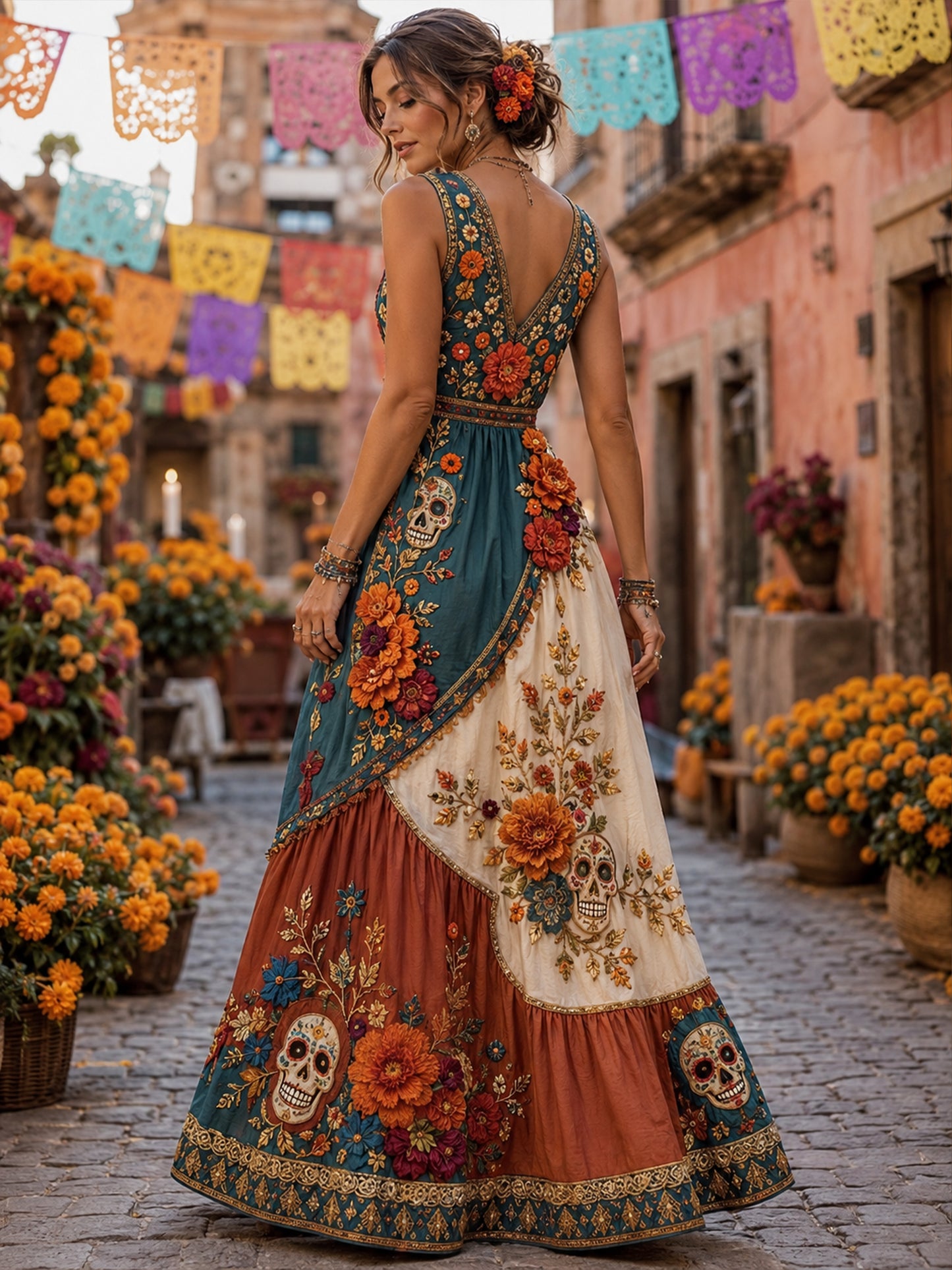 Vestido con estampado artístico de elementos culturales mexicanos del Día de los Muertos para mujer