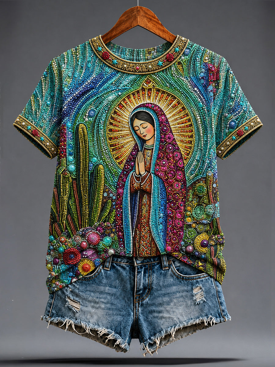 Camiseta estampada para mujer con la Asunción de Nuestra Señora de Guadalupe