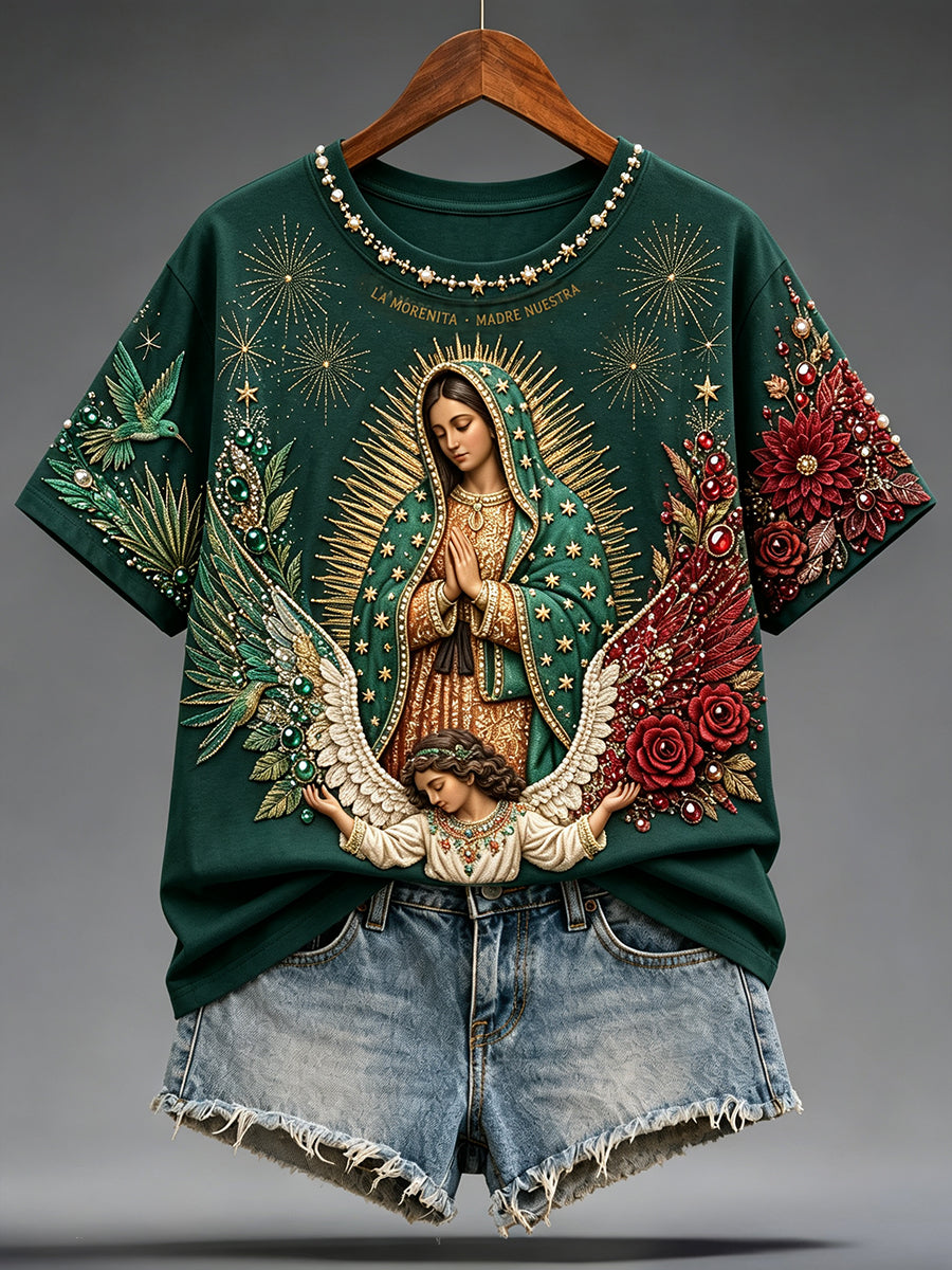 Camiseta estampada para mujer con la Asunción de Nuestra Señora de Guadalupe