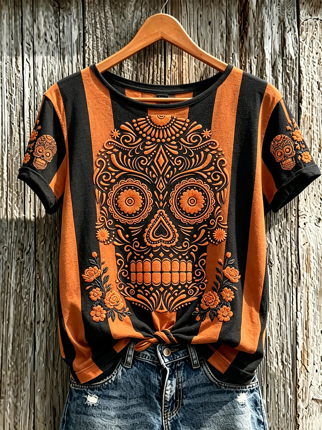 Camiseta casual de manga corta para mujer, estampada con diseño de calavera y flores vegetales