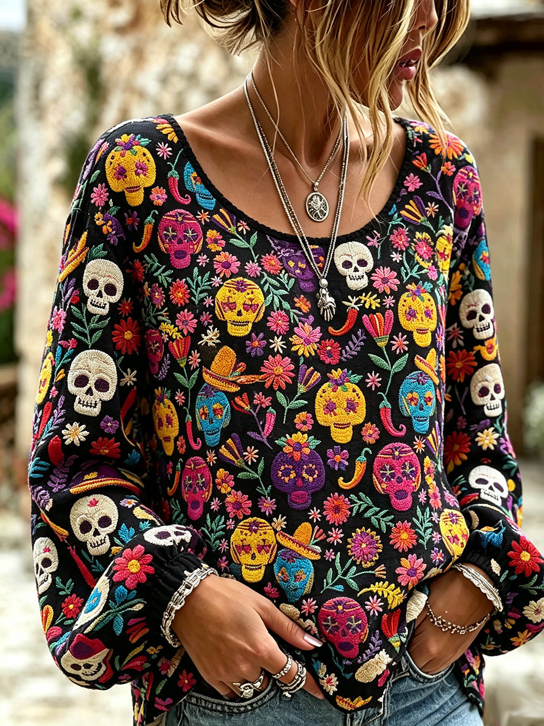 Camisa casual de algodón y lino para mujer, estampada con diseño de calavera y flores vegetales