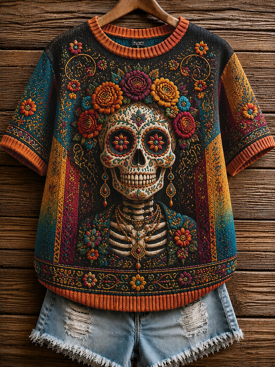 Retro Day of the Dead Calavera Floral Casual Camiseta