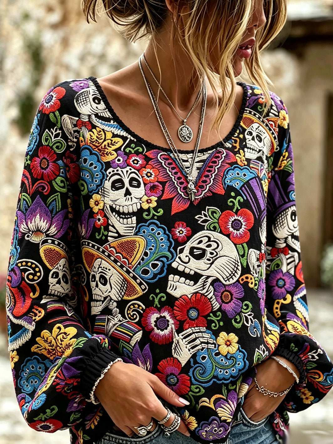 Camisa casual de algodón y lino para mujer, estampada con diseño de calavera y flores vegetales