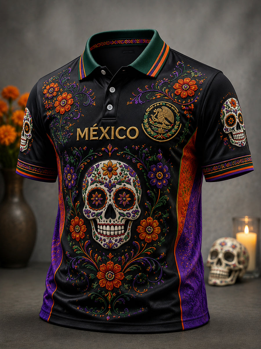 Polo Día mexicano del vintage del cráneo muerto