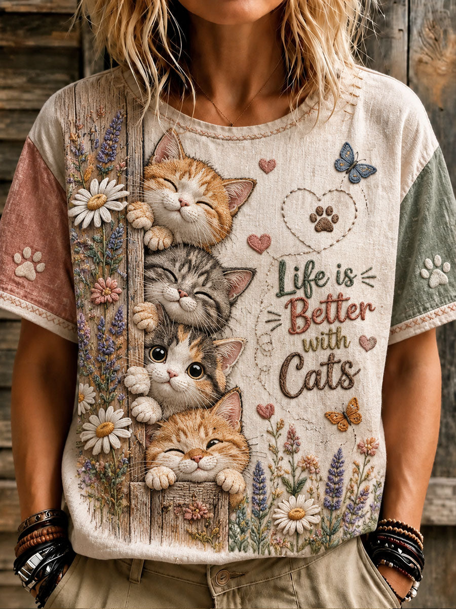 Camiseta casual de manga corta estampada para el Día de los Amantes de los Gatos, para mujer