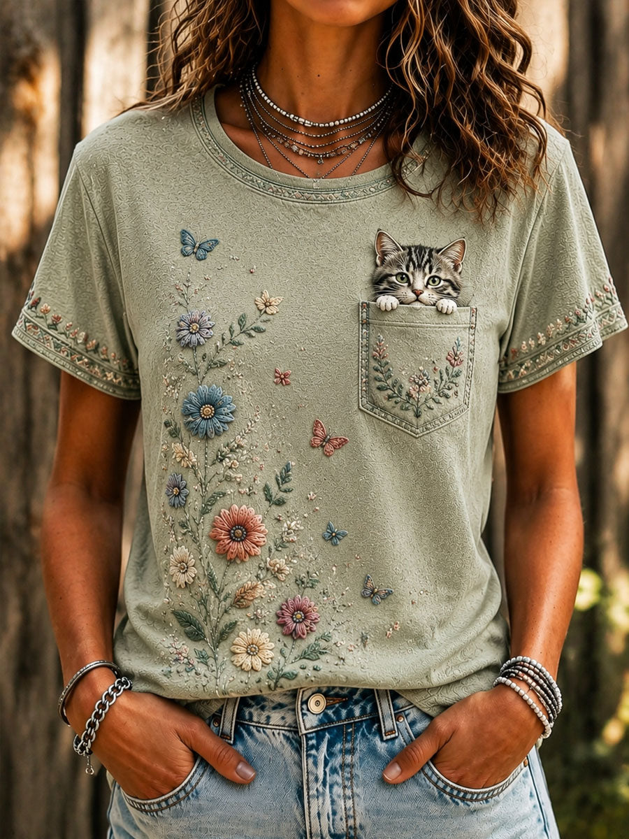 Camiseta casual de manga corta estampada para el Día de los Amantes de los Gatos, para mujer