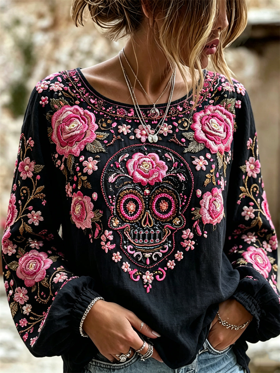 Camisa de algodón-lino con estampado floral mexicano de calavera de azúcar y rosas rosadas para el Día de Muertos de la mujer