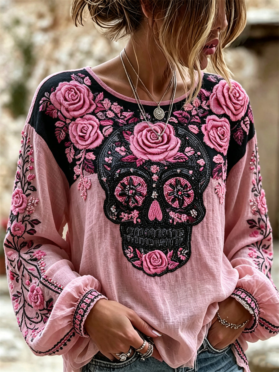 Camisa de algodón-lino con estampado floral mexicano de calavera de azúcar y rosas rosadas para el Día de Muertos de la mujer