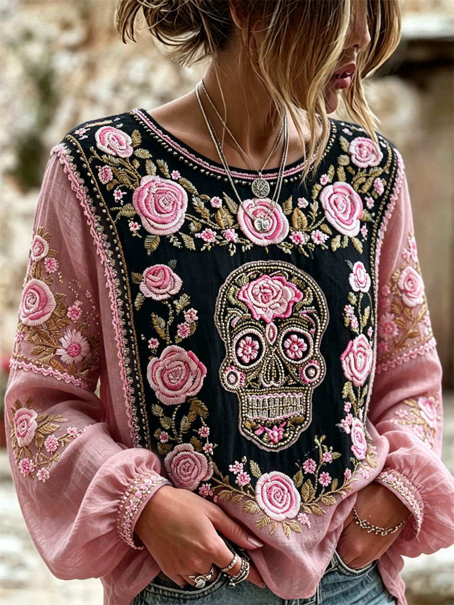 Camisa de algodón-lino con estampado floral mexicano de calavera de azúcar y rosas rosadas para el Día de Muertos de la mujer