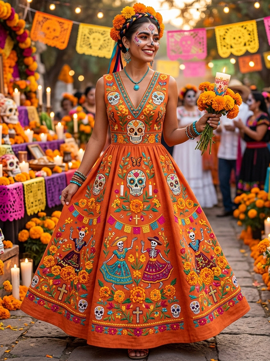 Día de las mujeres del cráneo muerto del azúcar mexicano impresión floral vestido maxi sin mangas