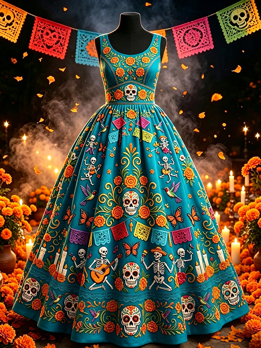 Vestido maxi mexicano de la impresión floral del día de las mujeres muertas del cráneo del azúcar