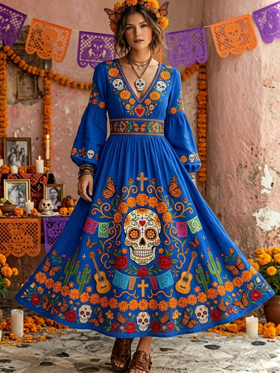 Vestido largo de manga larga con estampado floral mexicano de calavera de azúcar del Día de Muertos para mujer