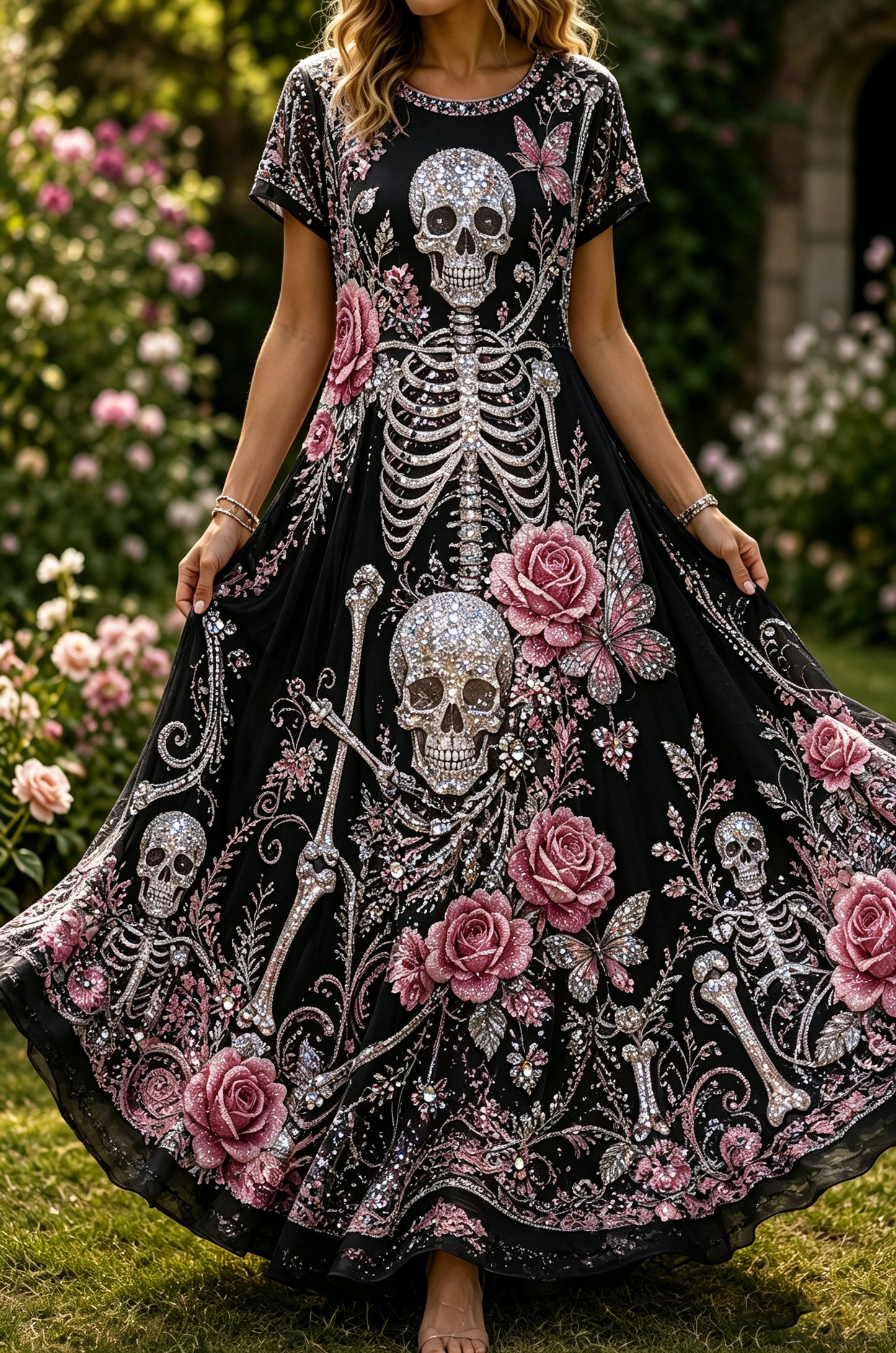 Vestido estampado con arte temático del Día de Muertos mexicano para mujer
