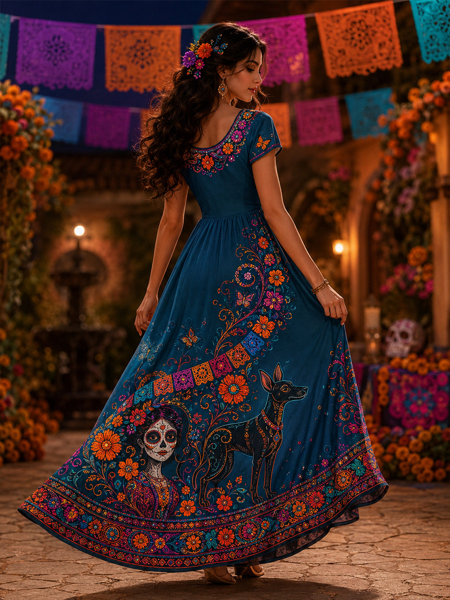 Vestido estampado con arte temático del Día de Muertos mexicano para mujer