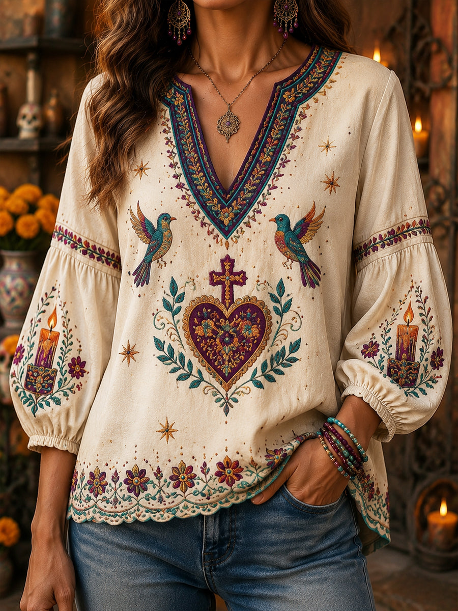 Top vintage para mujer con cuello en V de Day of the Dead Hummingbird Art