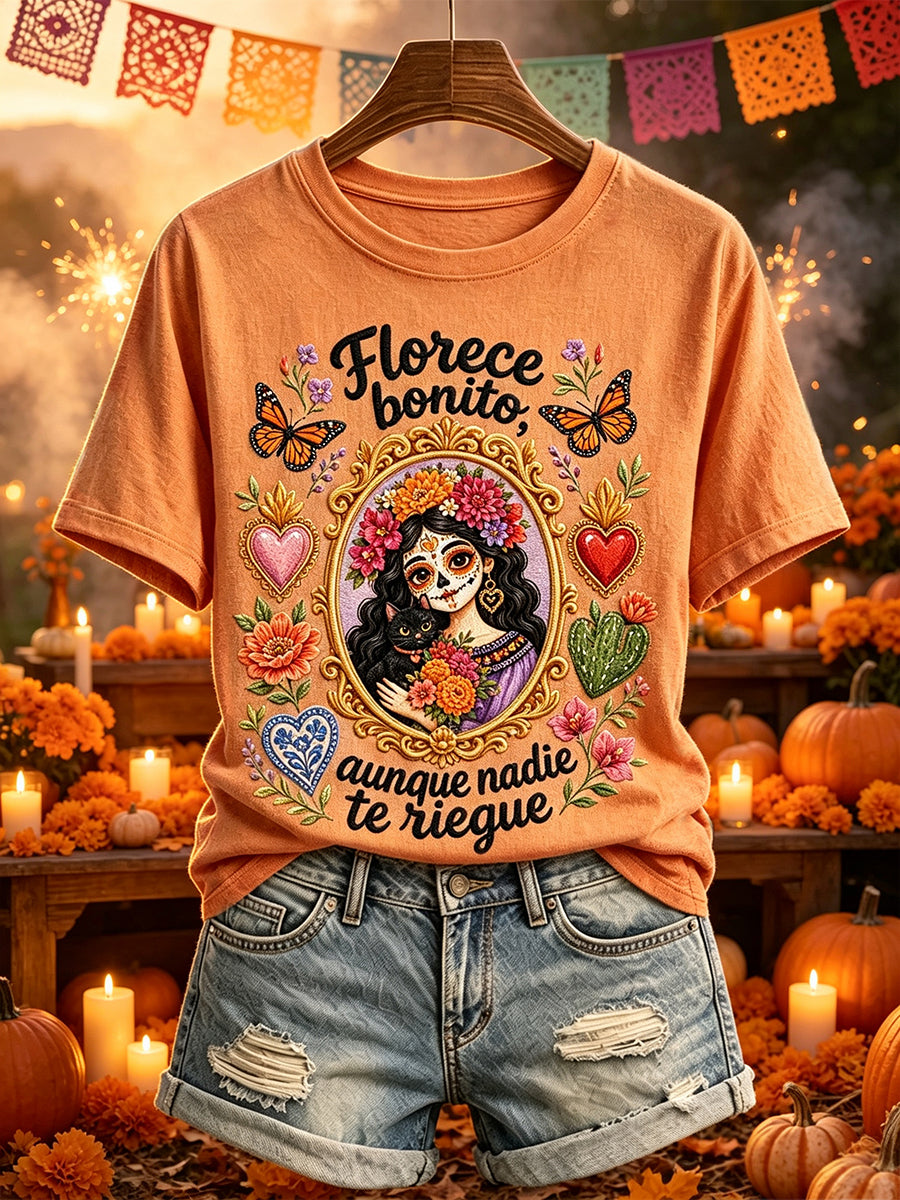 Camiseta de manga corta con estampado de gato y niña Balck para mujer