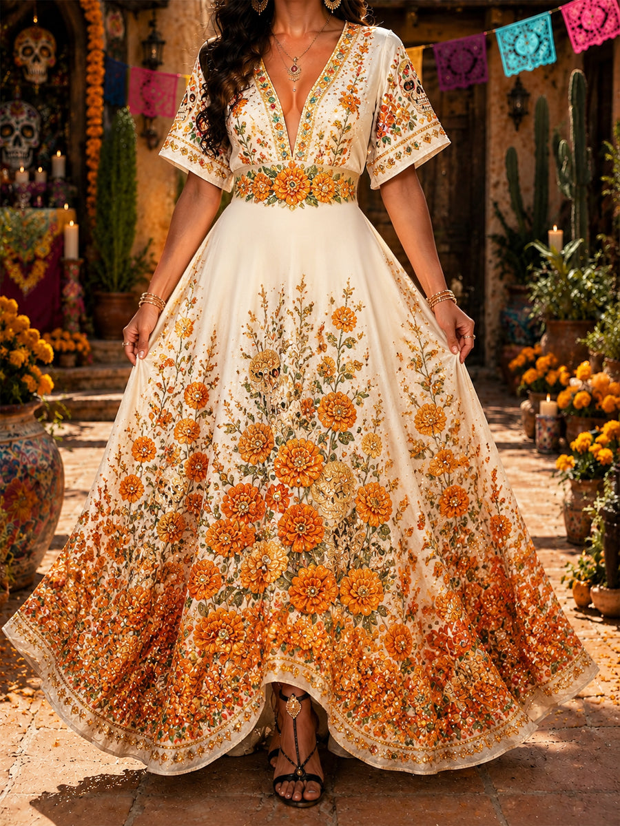 Vestido de mujer premium floral de día de los muertos