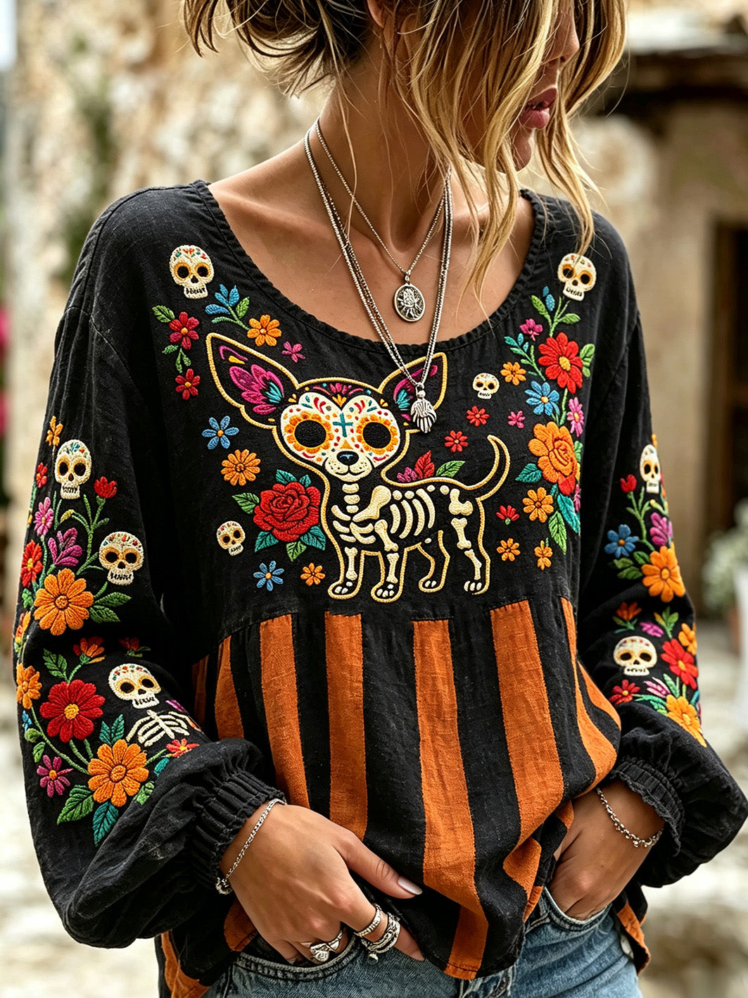 Cráneo de las mujeres y flor de la planta patrón impreso casual algodón y camisa de lino
