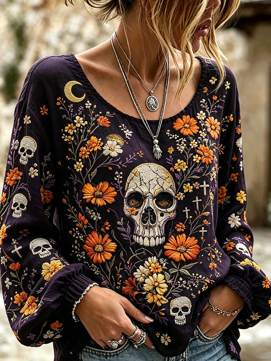 Camisa casual de algodón y lino para mujer, estampada con diseño de calavera y flores vegetales