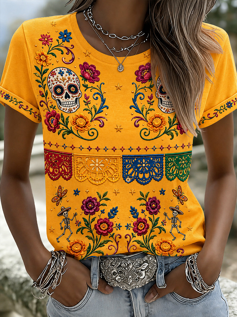 Camiseta mexicana de la impresión del arte de los elementos culturales muertos del día de las mujeres