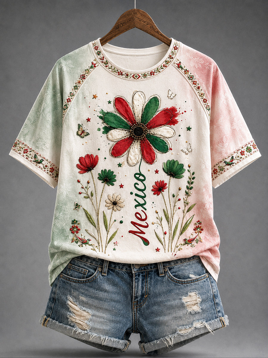 Camiseta estampada con diseño artístico del Día de la Independencia de México para mujer