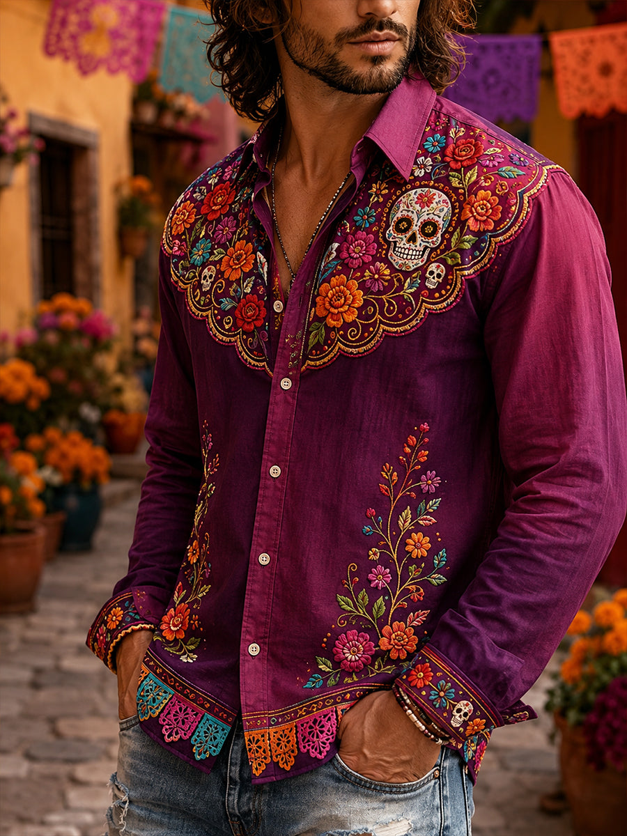 Camisa de manga larga con estampado artístico para hombres, temática del Día de los Muertos mexicano