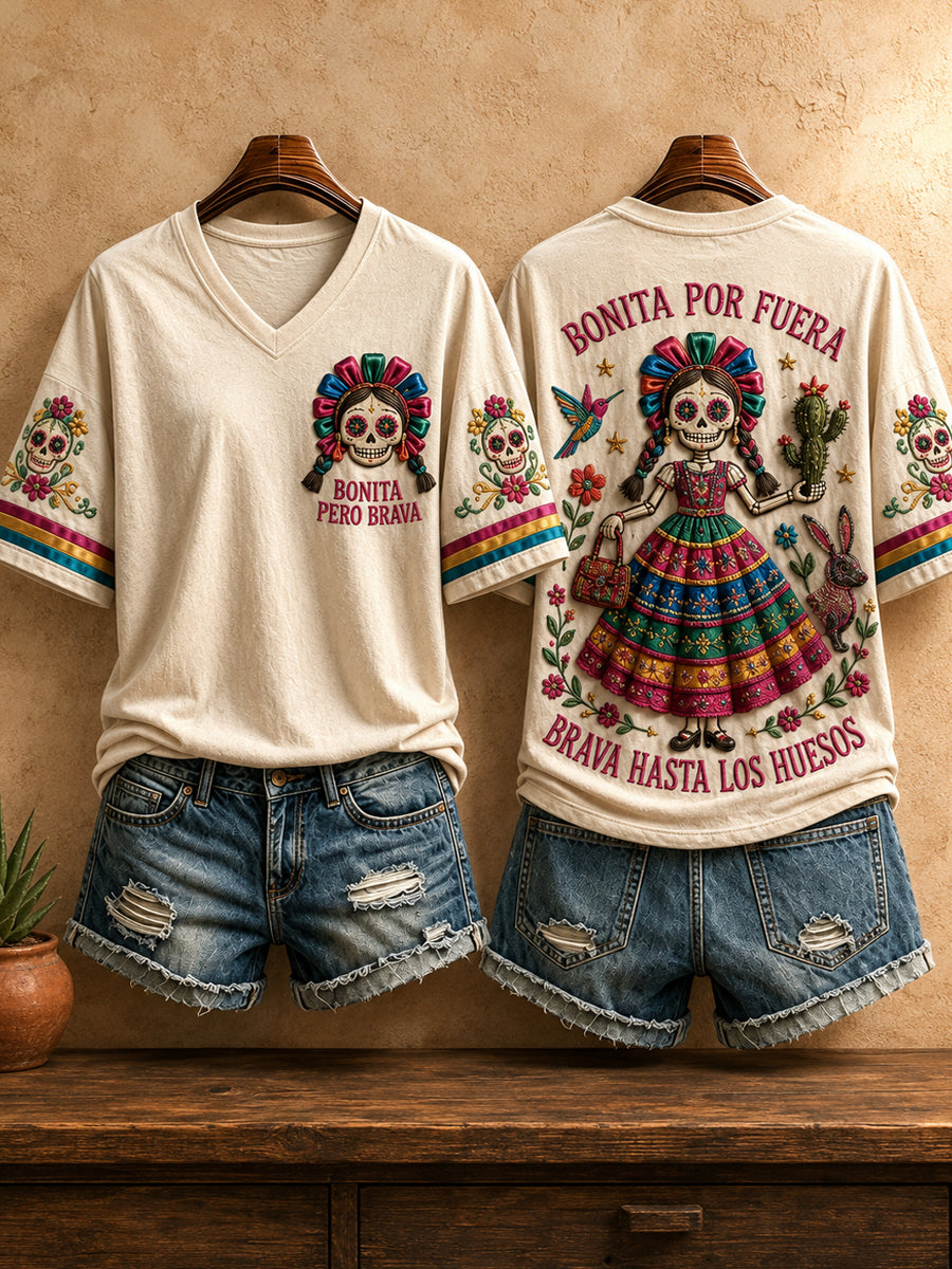 Camiseta estampada con diseño artístico del Día de la Independencia de México para mujer